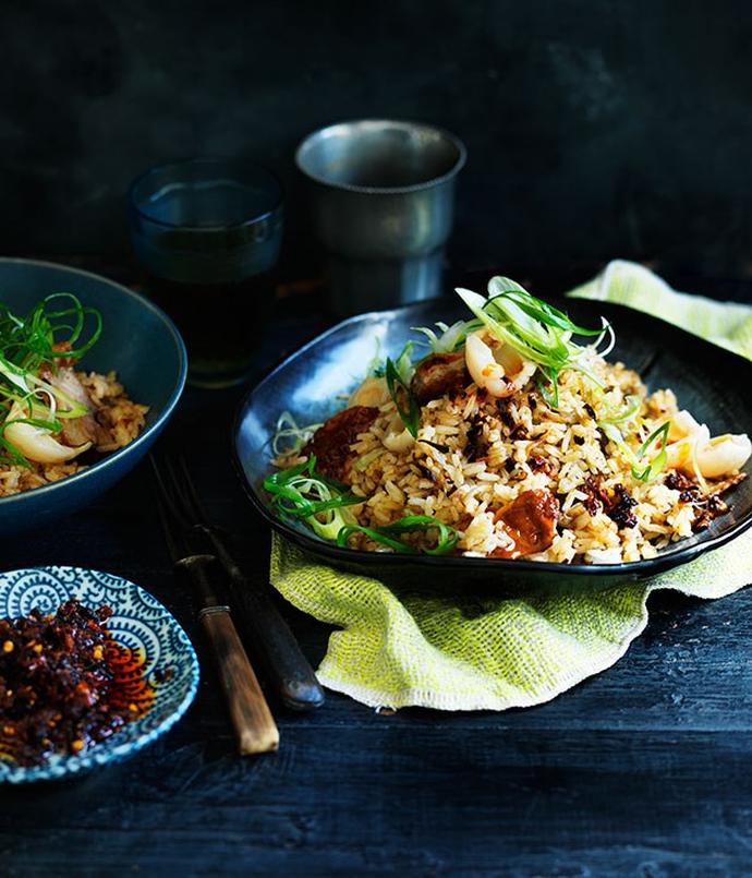 [**Chilli fried rice with Chinese roast duck and lychees**](https://www.gourmettraveller.com.au/recipes/fast-recipes/indonesian-fried-rice-with-snake-bean-relish-13016|target="_blank")