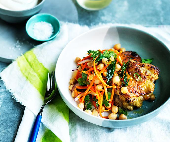 **[Spiced chicken with carrot, chickpea and green chilli salad](https://www.gourmettraveller.com.au/recipes/fast-recipes/spiced-chicken-with-carrot-chickpea-and-green-chilli-salad-13687|target="_blank")**