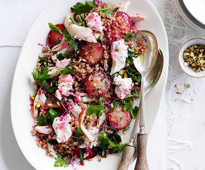 **[Chicken, roast plum, labne and grain salad](https://www.gourmettraveller.com.au/recipes/fast-recipes/chicken-roast-plum-labne-and-grain-salad-13326|target="_blank")**