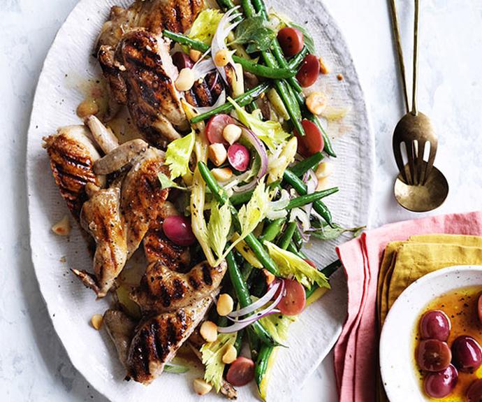 **[Barbecued quail with grapes, beans and macadamia nuts](http://www.gourmettraveller.com.au/recipes/fast-recipes/barbecued-quail-with-grapes-beans-and-macadamia-nuts-15537|target="_blank")**