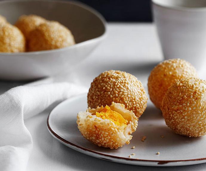 **[Sesame doughnuts with custard (jin deui)](https://www.gourmettraveller.com.au/recipes/chefs-recipes/sesame-doughnuts-with-custard-jin-deui-8112|target="_blank")**