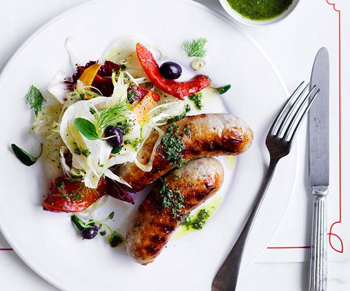 **[Grilled pork sausages with fennel, radicchio and roasted capsicum](https://www.gourmettraveller.com.au/recipes/fast-recipes/grilled-pork-sausages-with-fennel-radicchio-and-roasted-capsicum-13864|target="_blank")**