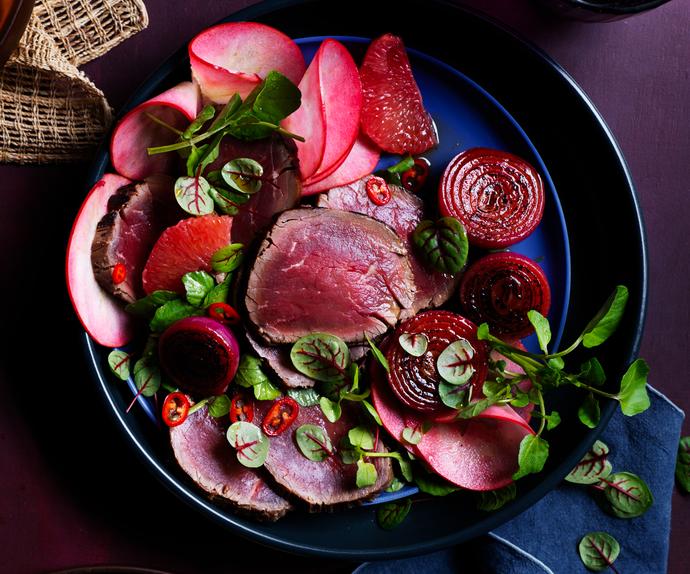 Bistek tagalog recipe of Cured beef with charred sawsawan red onions.