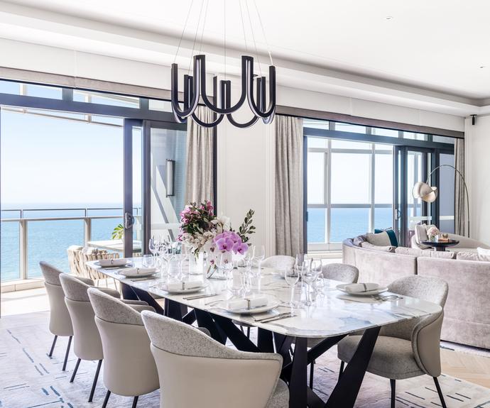 Dining room in the Chairman's Ocean Suite with panoramic ocan views at The Langham, Gold Coast.