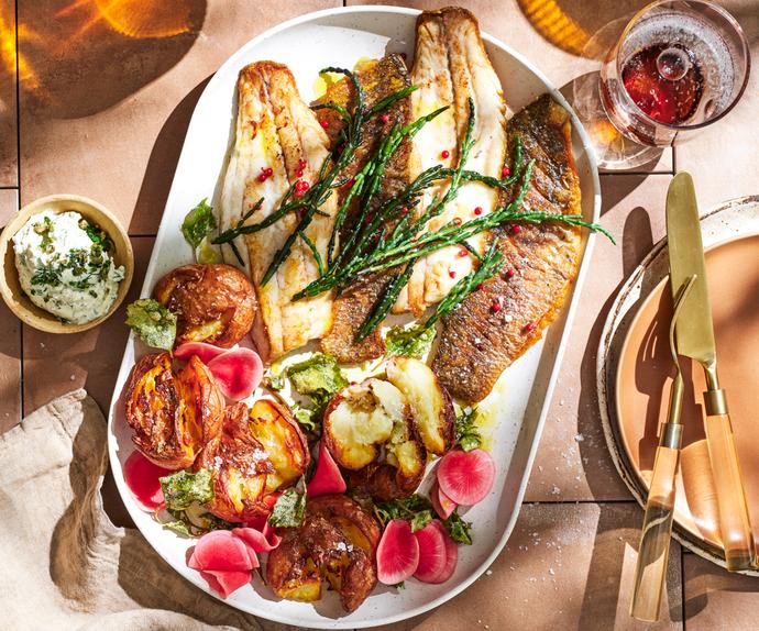 Baked barramundi recipe served with smashed salt and vinegar potatoes for a version of fancy fish and chips recipe