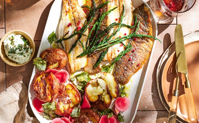 Baked barramundi recipe served with smashed salt and vinegar potatoes for a version of fancy fish and chips recipe