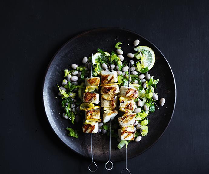**[Kingfish skewers with borlotti bean and celery heart salad](https://www.gourmettraveller.com.au/recipes/fast-recipes/kingfish-skewers-17030|target="_blank")**