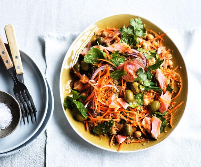 **[Smoked trout, carrot and quinoa salad with harissa dressing](https://www.gourmettraveller.com.au/recipes/fast-recipes/smoked-trout-carrot-and-quinoa-salad-with-harissa-dressing-15584|target="_blank")**