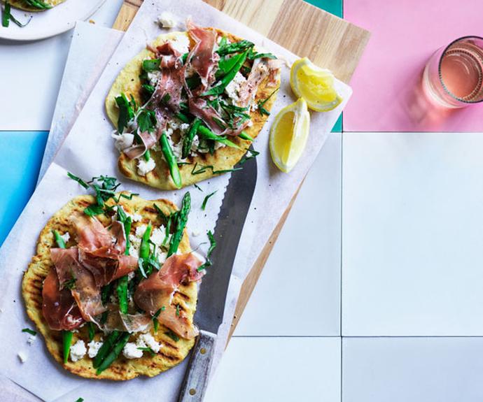 **[Prosciutto, asparagus and ricotta on grilled flatbreads](https://www.gourmettraveller.com.au/recipes/fast-recipes/grilled-flatbread-17900|target="_blank")**