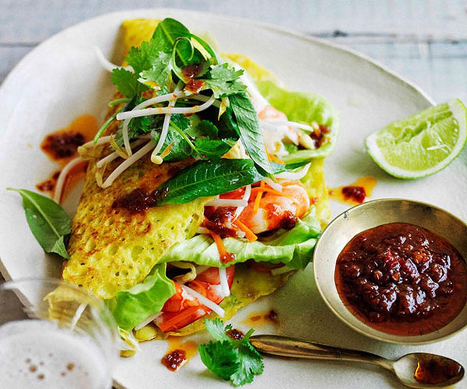 **[Banh xeo (Vietnamese pancake) with prawns and pickled carrot](https://www.gourmettraveller.com.au/recipes/browse-all/banh-xeo-with-prawns-and-pickled-carrot-11664|target="_blank"|rel="nofollow")**