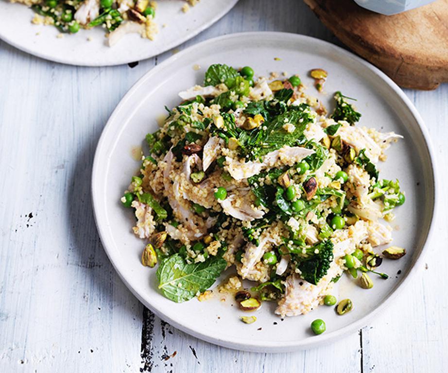 **[Poached chicken and millet salad with peas and mint](https://www.gourmettraveller.com.au/recipes/fast-recipes/poached-chicken-and-millet-salad-with-peas-and-mint-13789|target="_blank"|rel="nofollow")**