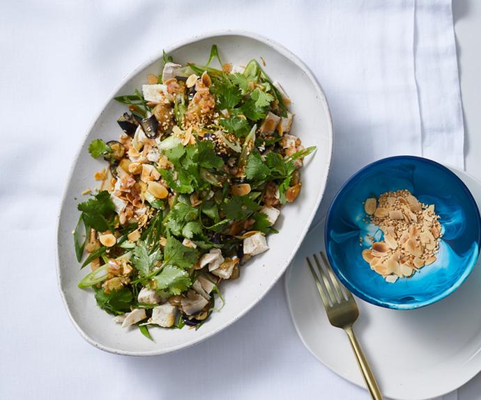 **[Shane Delia's poached chicken salad with harissa, eggplant, spring onion and tahini](https://www.gourmettraveller.com.au/recipes/chefs-recipes/chicken-salad-eggplant-17964|target="_blank")**