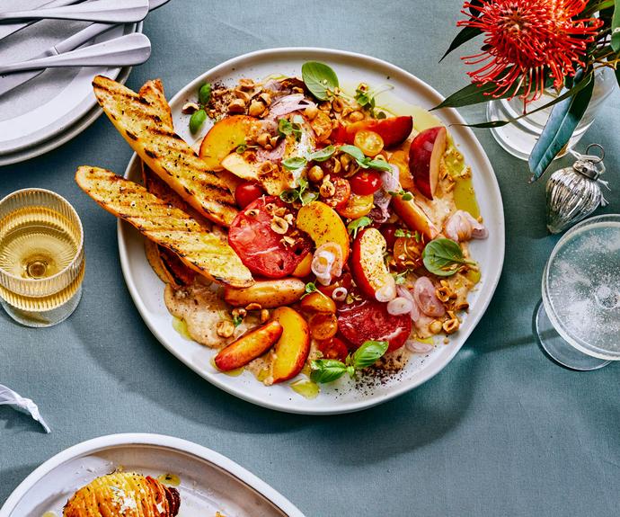 **[Heirloom tomatoes and peaches with white bean and hazelnut tarator](https://www.gourmettraveller.com.au/recipes/fast-recipes/heirloom-tomatoes-and-peaches-with-white-bean-and-hazelnut-tarator-20444|target="_blank"|rel="nofollow")**