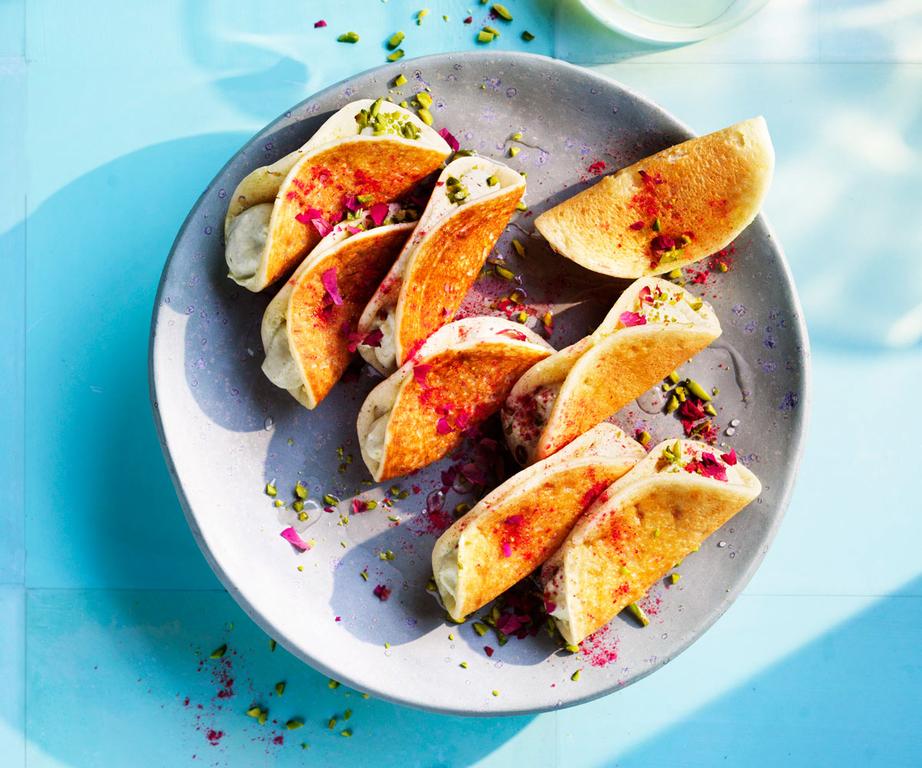 **[Syrian filled pancakes with pistachio cream](https://www.gourmettraveller.com.au/recipes/fast-recipes/qatayef-asafiri-20352|target="_blank"|rel="nofollow")**