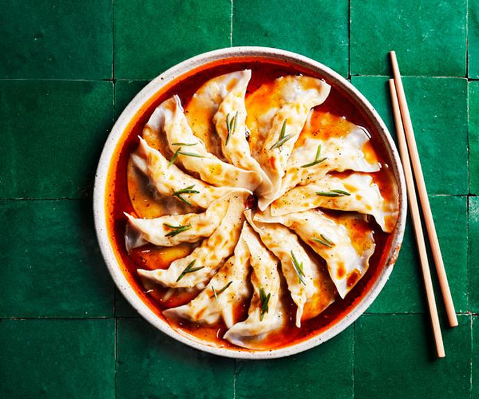 [**Kylie Kwong's prawn dumplings with organic tamari and chilli dressing**](https://www.gourmettraveller.com.au/recipes/chefs-recipes/prawn-dumplings-17794|target="_blank")