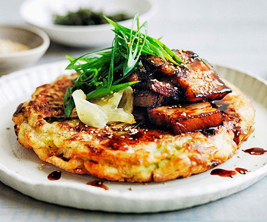 **[Okonomiyaki (Japanese pancake) with sticky soy pork belly](https://www.gourmettraveller.com.au/recipes/browse-all/okonomiyaki-with-sticky-soy-pork-belly-11662|target="_blank"|rel="nofollow")**