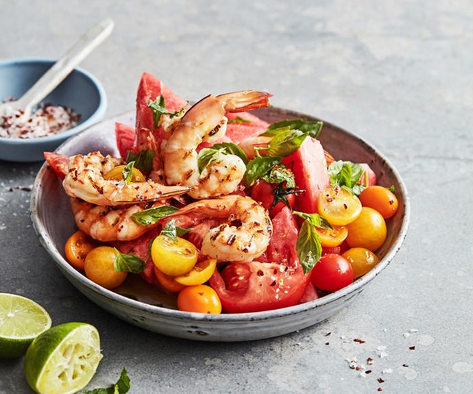 **[Mike McEnearney's grilled prawn, watermelon and tomato salad](https://www.gourmettraveller.com.au/recipes/fast-recipes/prawn-watermelon-tomato-salad-18047|target="_blank")**