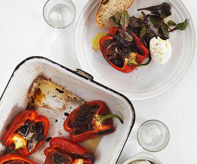 **[Roast capsicum with tomato, garlic and olives](http://www.gourmettraveller.com.au/recipes/fast-recipes/roast-capsicum-with-tomato-garlic-and-olives-13141|target="_blank"|rel="nofollow")**
