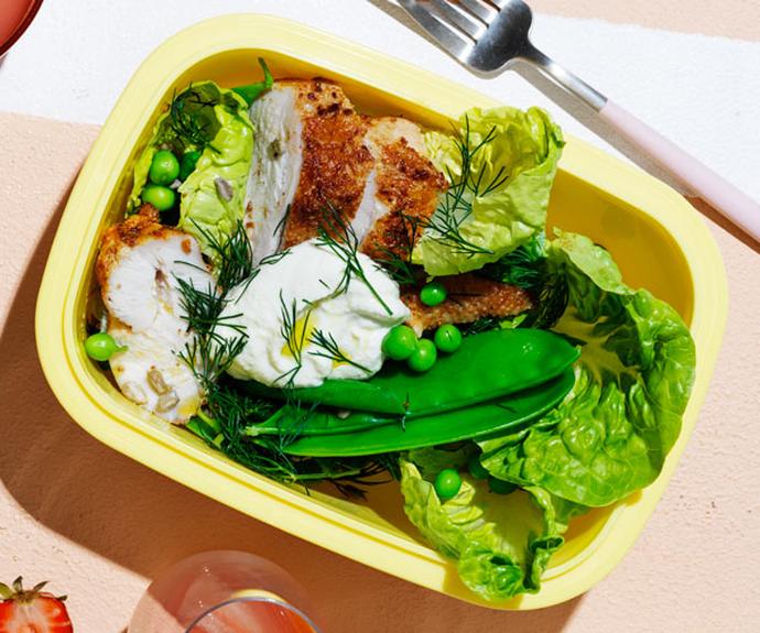 **[Roast chicken salad with peas and almond-lemon dressing](https://www.gourmettraveller.com.au/recipes/browse-all/roast-chicken-salad-18279|target="_blank")**