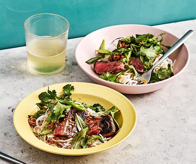 **[Rice noodle salad with grilled steak, lime and Vietnamese mint](https://www.gourmettraveller.com.au/recipes/fast-recipes/beef-noodle-salad-18061|target="_blank")**