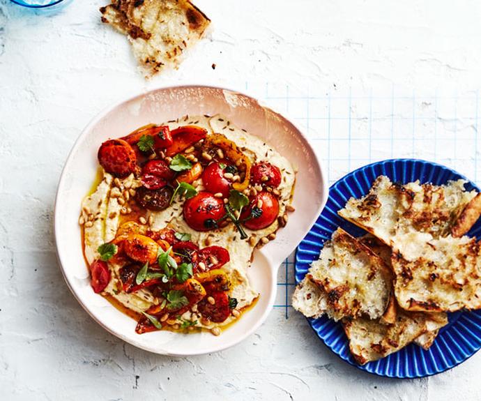 **[Hummus with blistered tomatoes and capsicums](https://www.gourmettraveller.com.au/recipes/fast-recipes/hummus-tomatoes-18241|target="_blank")**