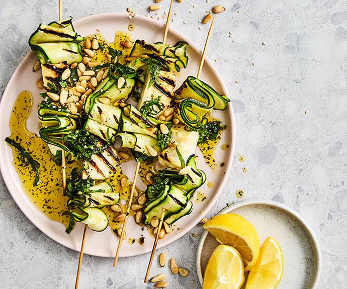 **[Zucchini and haloumi skewers with mint dressing](https://www.gourmettraveller.com.au/recipes/fast-recipes/zucchini-haloumi-skewers-18058|target="_blank")**