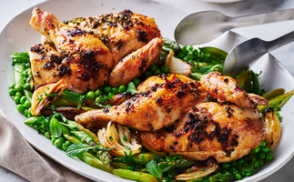 Green peppercorn chicken roast recipe with spring vegetables