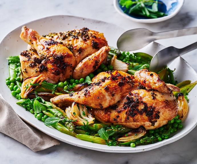 Green peppercorn chicken roast recipe with spring vegetables