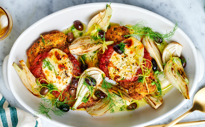 Chicken parmigiana recipe with roast fennel and olive